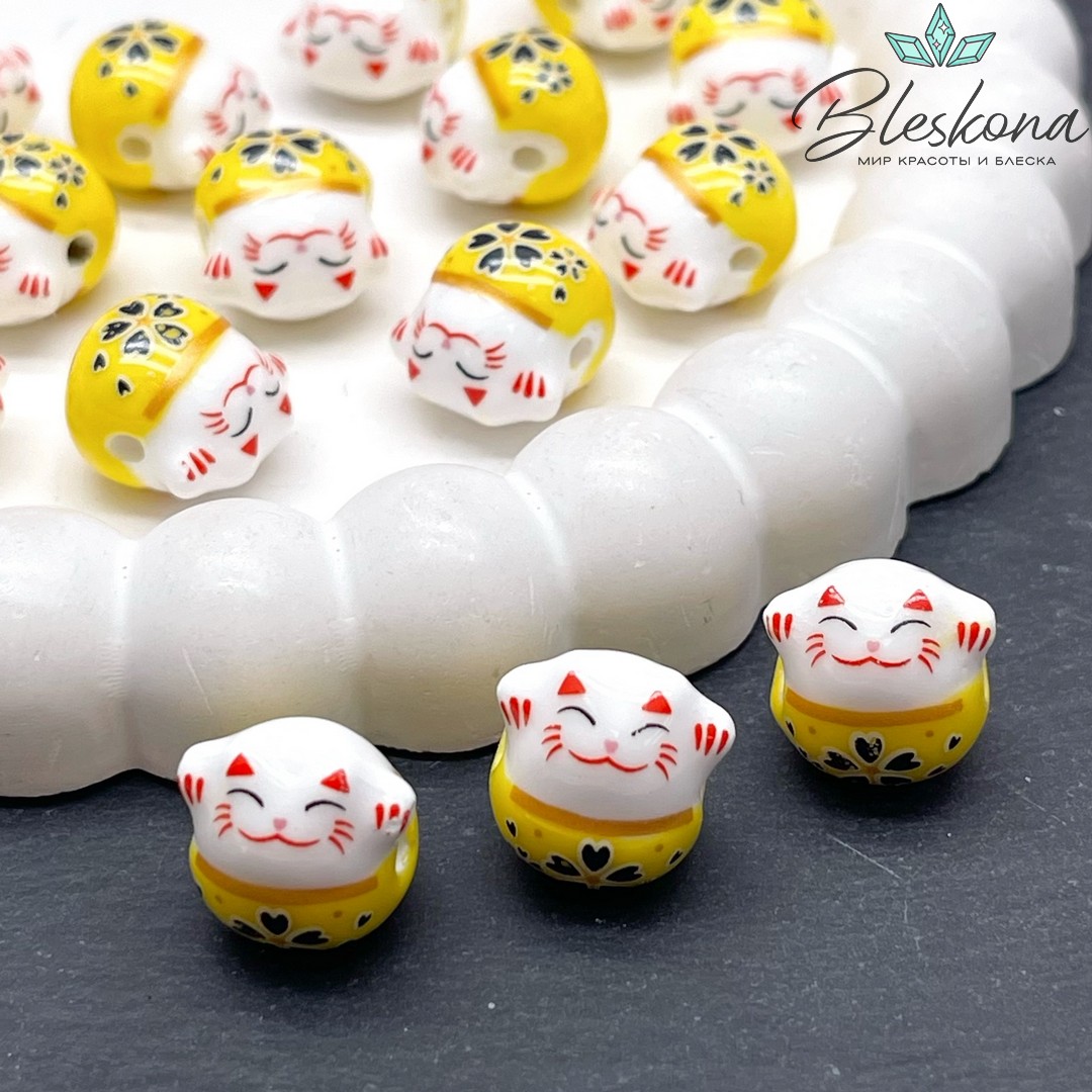 13,5*13 мм Керамика бусина Котик желтый, отверстие поперек