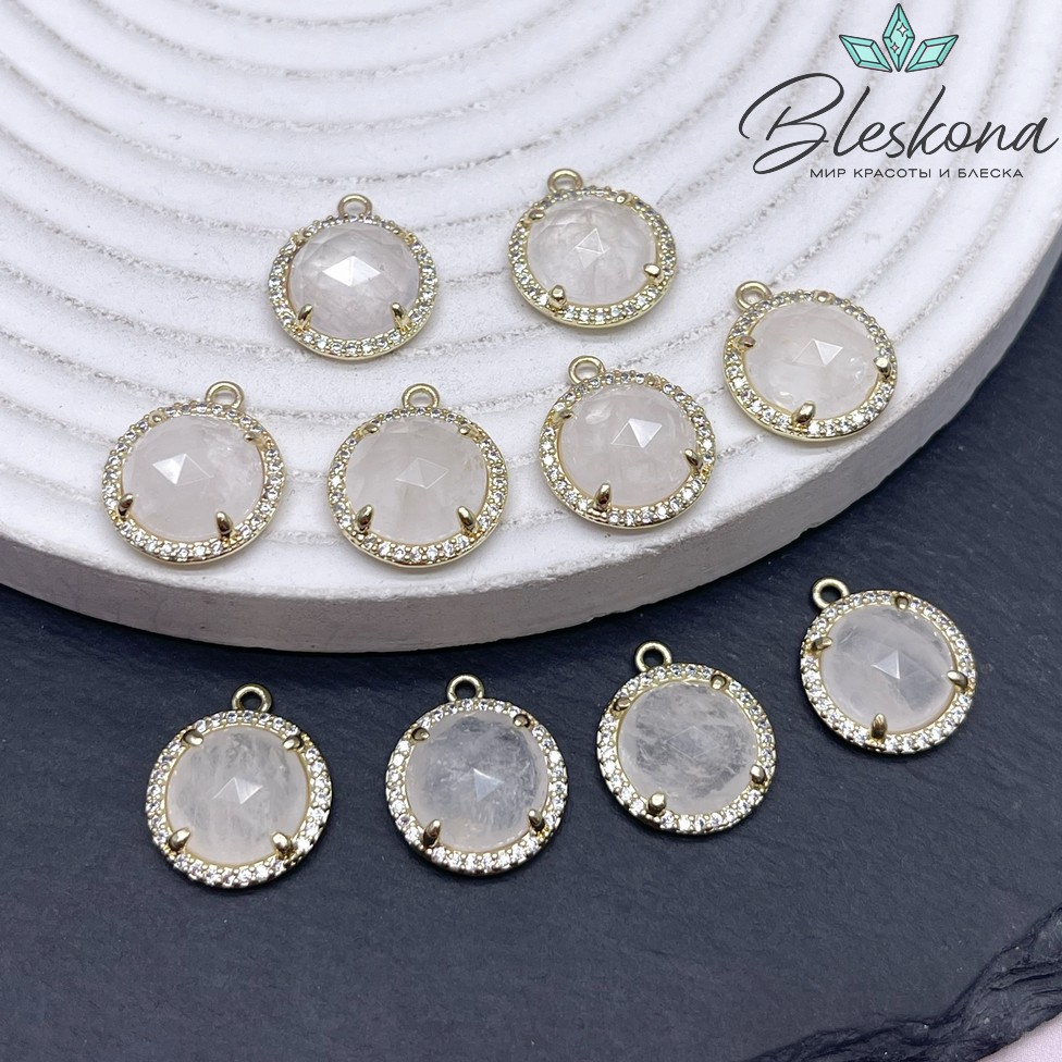 13 мм, цвет золото Подвеска круг Горный хрусталь огранка в обрамлении цирконы