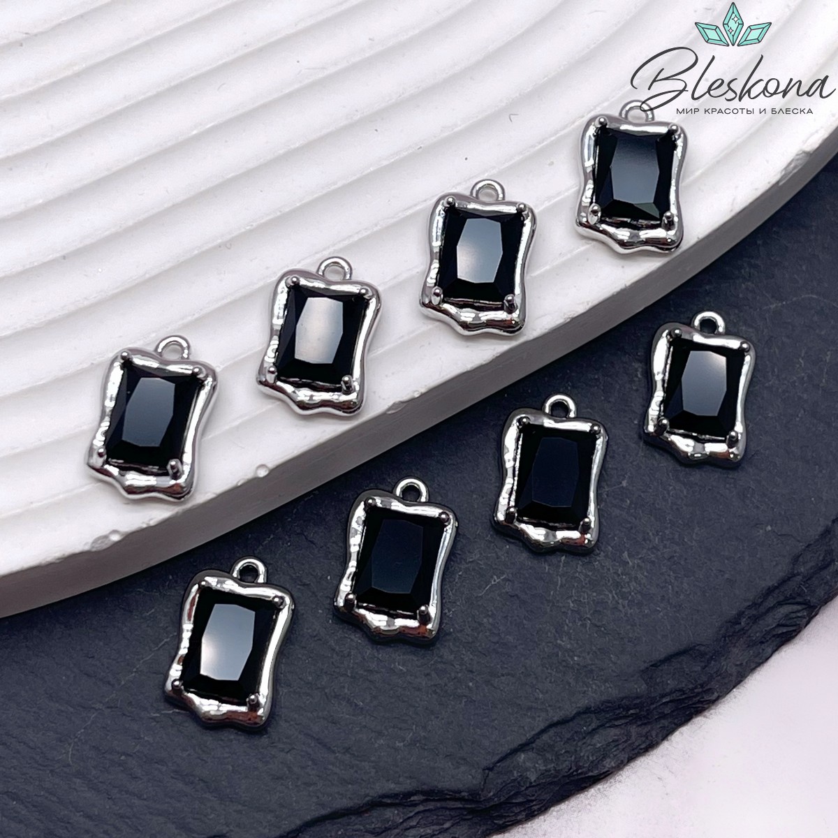 14*9 мм Цвет серебро, Подвеска прямоугольник черный циркон