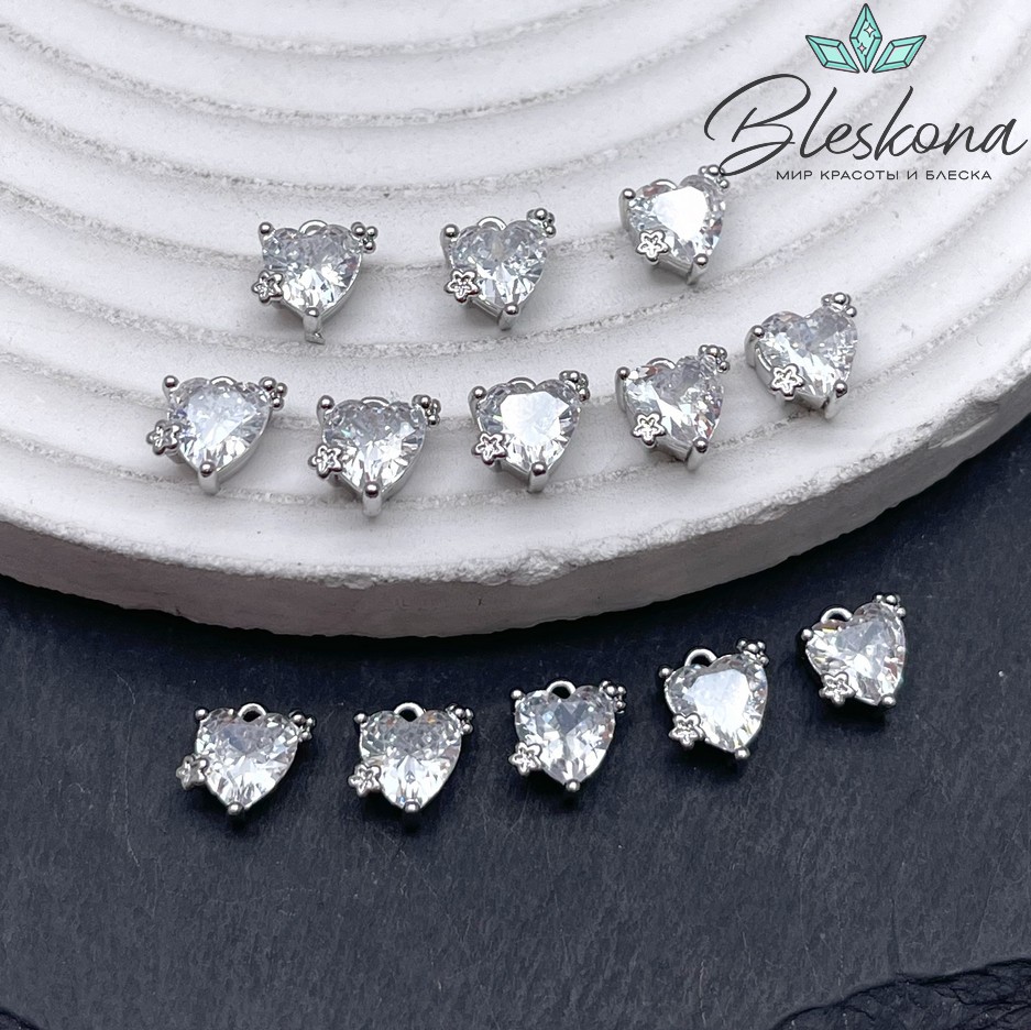 8*7 мм Цвет серебро, Подвеска сердце циркон с цветочком