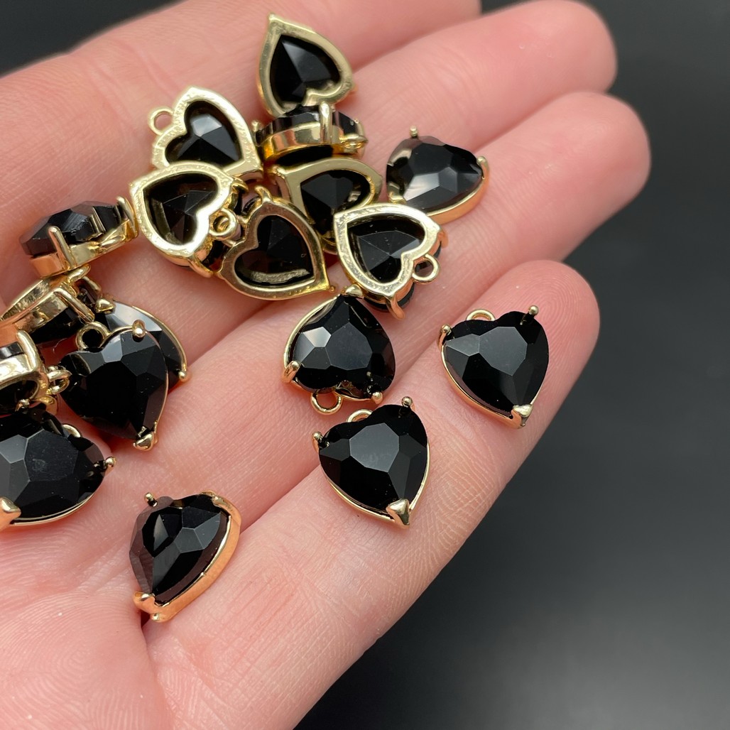 10 мм, Цвет золото, Подвеска сердце стекло черное цапы