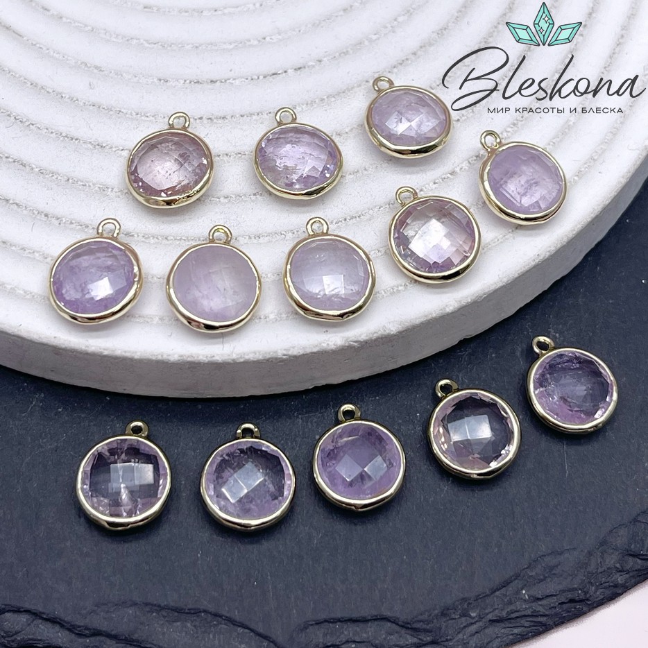 10,5мм, цвет золото ,Подвеска круг мини Лавандовый Аметист огранка