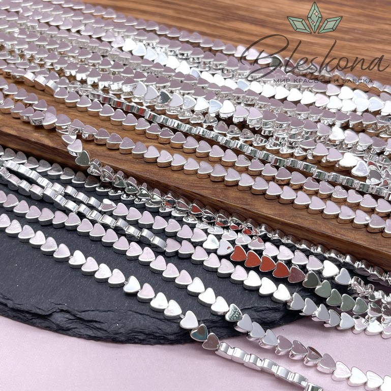 4 мм Гематин, цвет светлое серебро, сердце плоское имитация УЦЕНКА