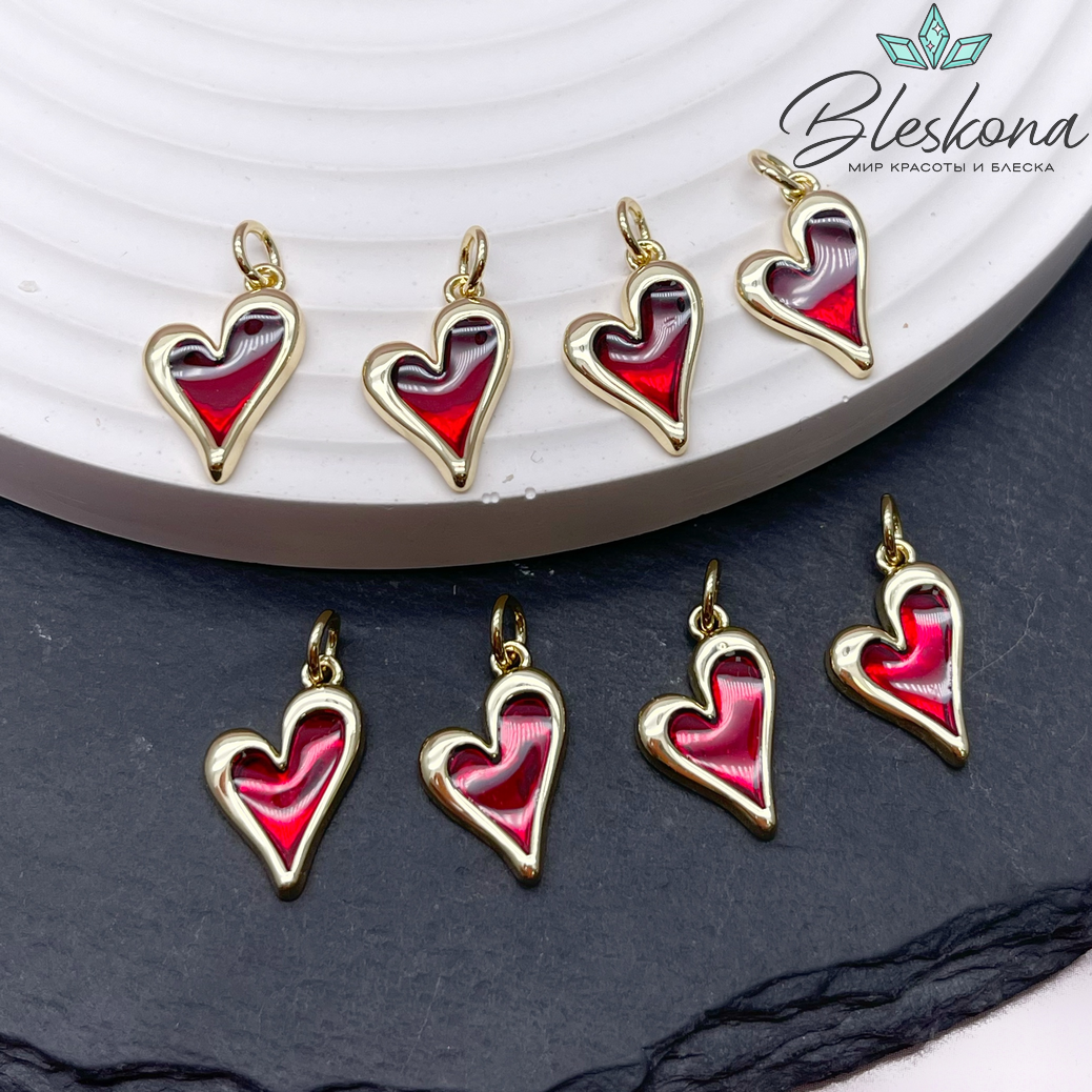 16,4*11,3 мм Цвет золото, Подвеска Сердце бордовая эпоксидная смола