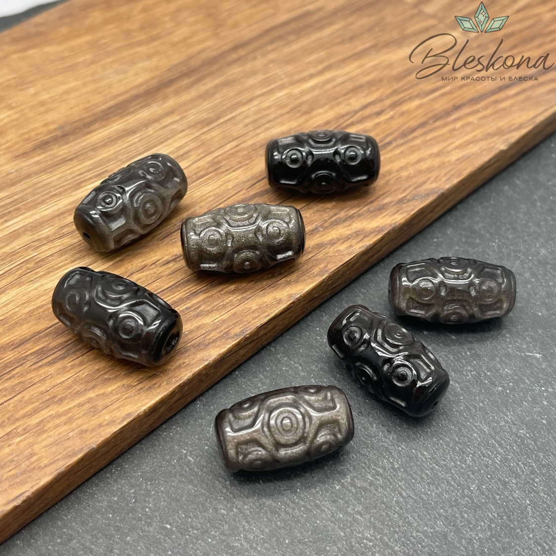 Резная Бусина Дзи 9 глаз Обсидиан серебристый 23*12,5 мм