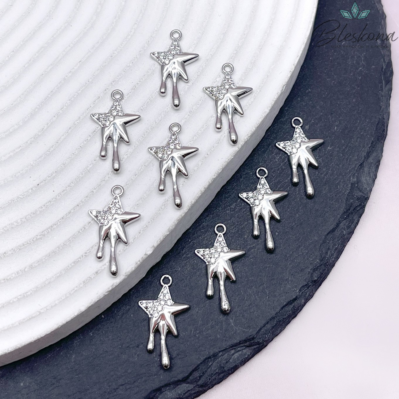 20,7*11,7 мм, Цвет серебро, Подвеска звезда с каплями цирконы