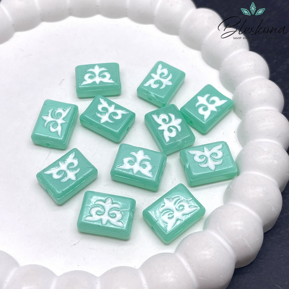 12*16 мм Бусина Этно прямоугольник зеленый белый рисунок