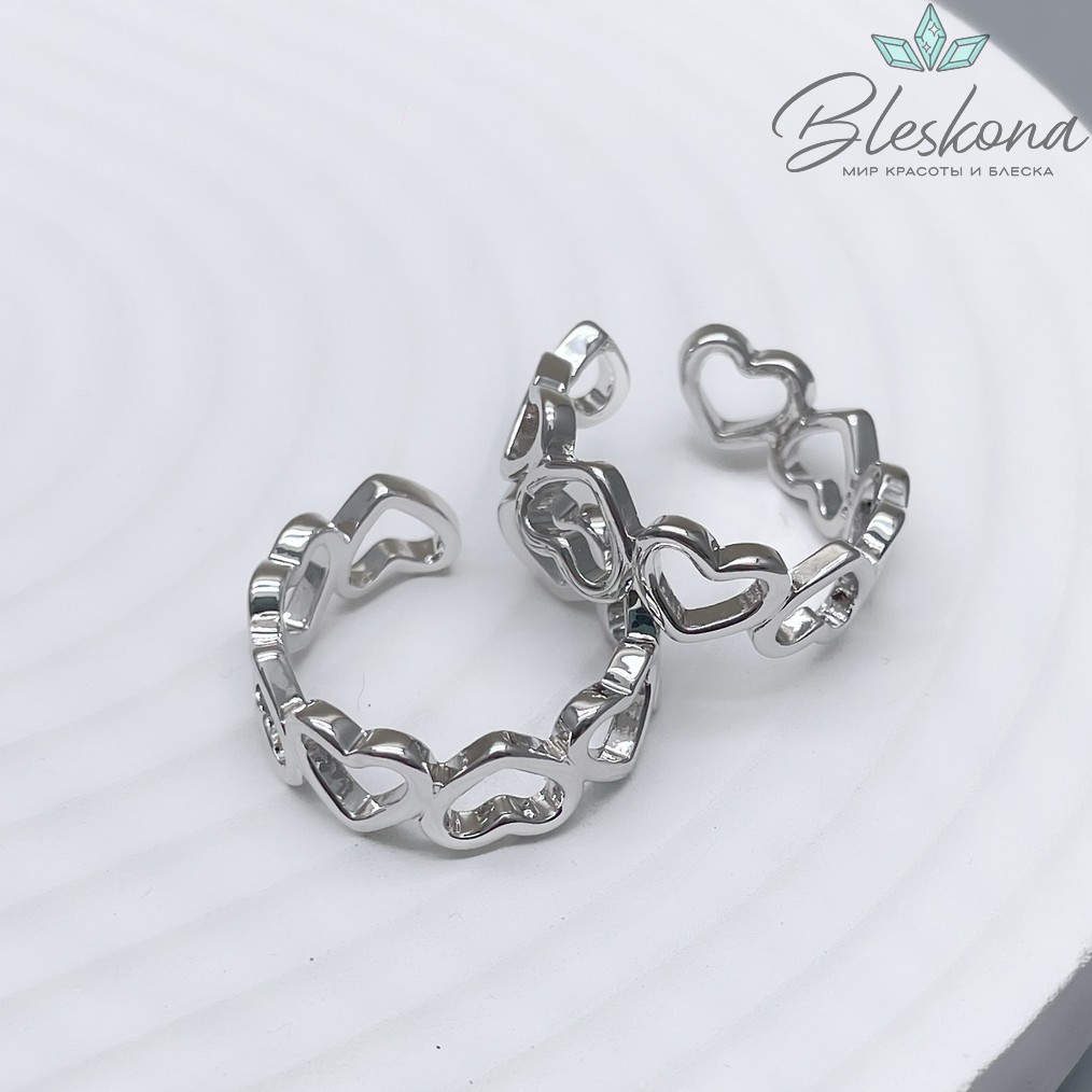 20мм, Цвет серебро, Кольцо безразмерное сердца Люкс 