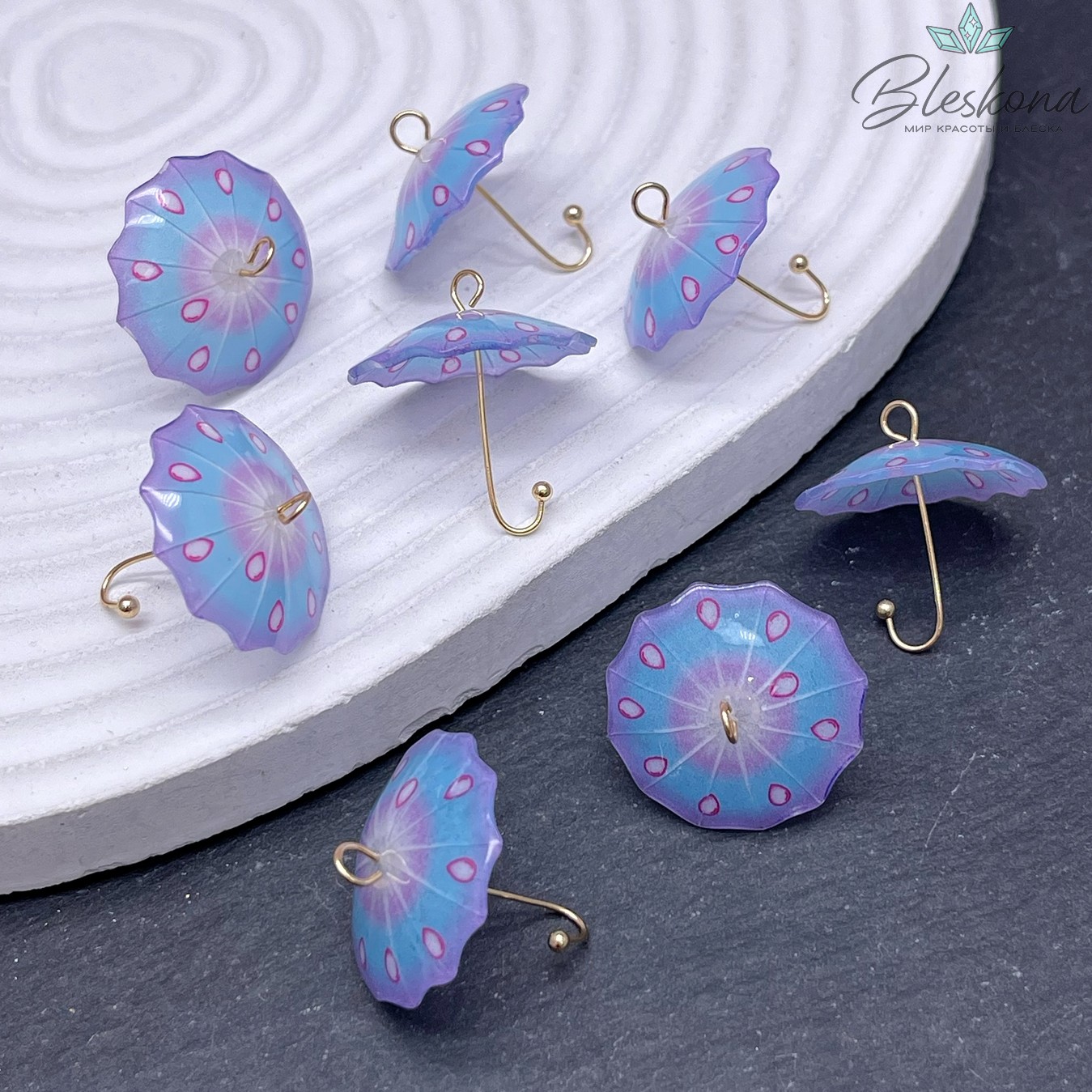 21*21 мм Цвет золото, Подвеска зонтик фиолетово- голубой капли