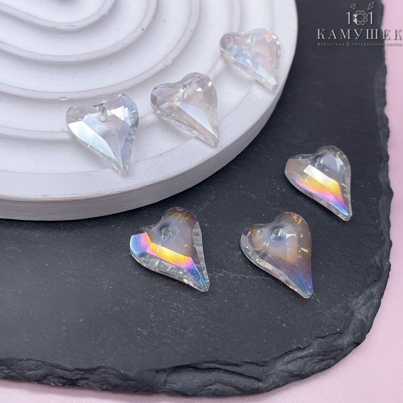 17,5*14,5 мм, Подвеска сердце стекло белое с переливом (Shimmer B) уп. 2 шт