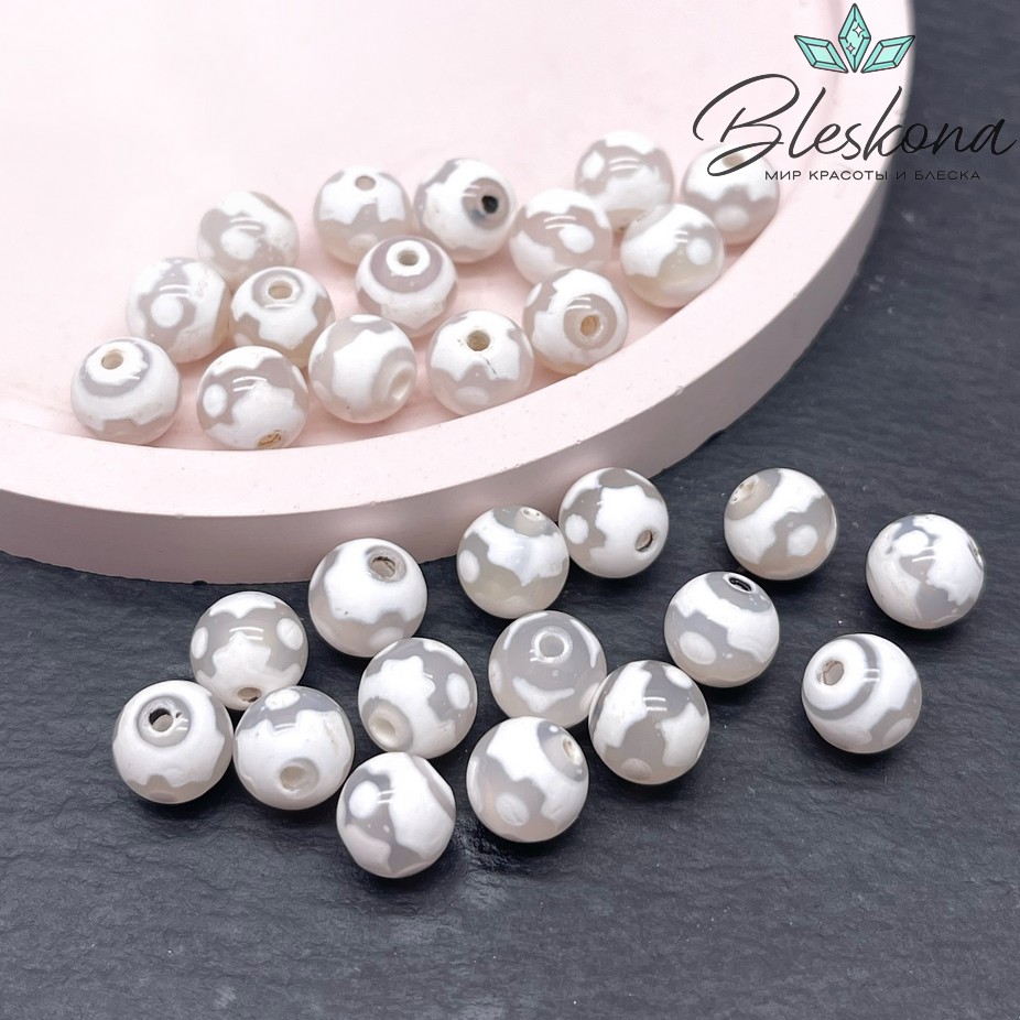 Бусина Дзи 3 глаза и мирный крест серо-белый шар 8 мм уп.15 шт.