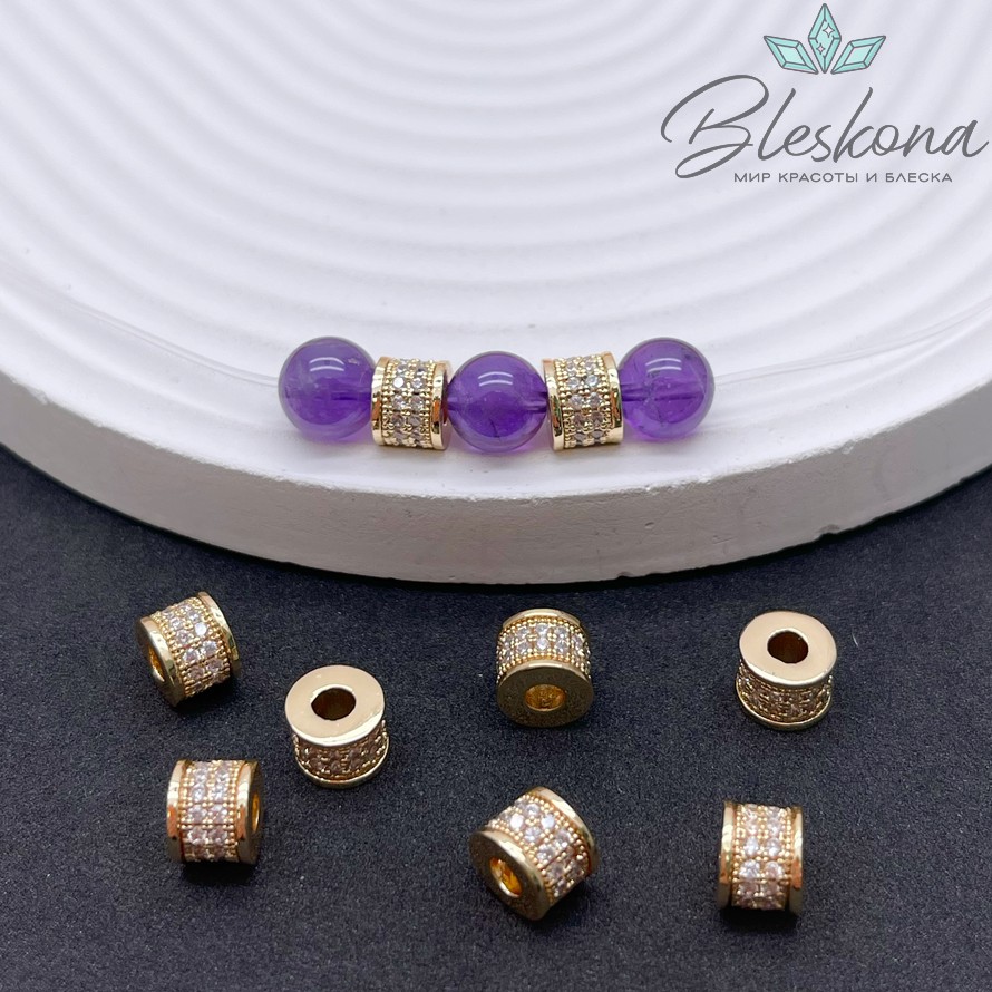 7*5,6 мм Цвет золото, Бусина Цилиндр с цирконами