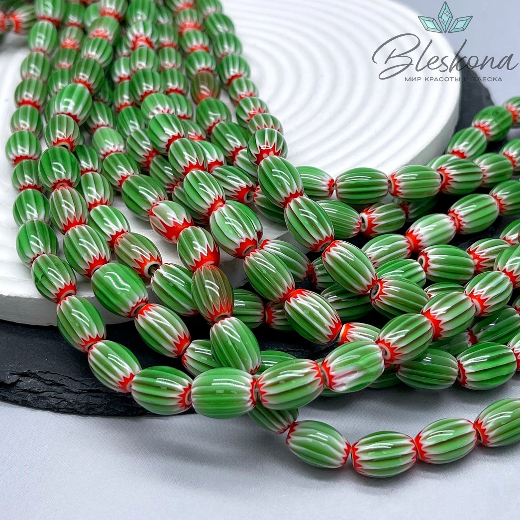 Муранское стекло бочата красно- зеленые, полосы 13,5*9 мм