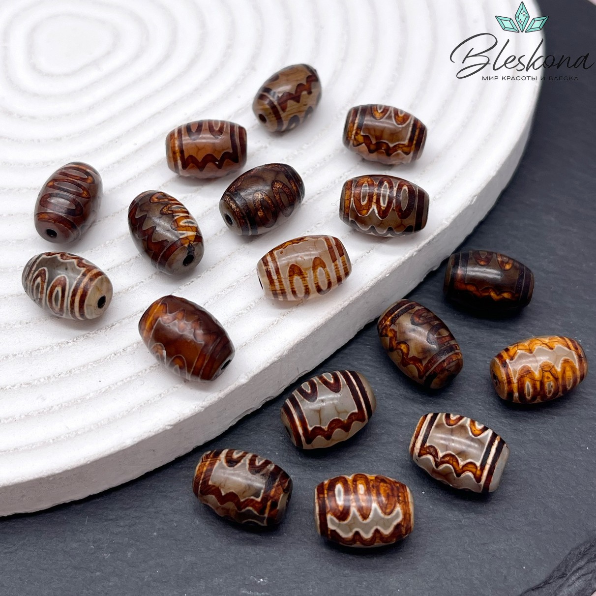 Бусина Дзи 5 глаз серо-коричневый бочонок 10*14 мм