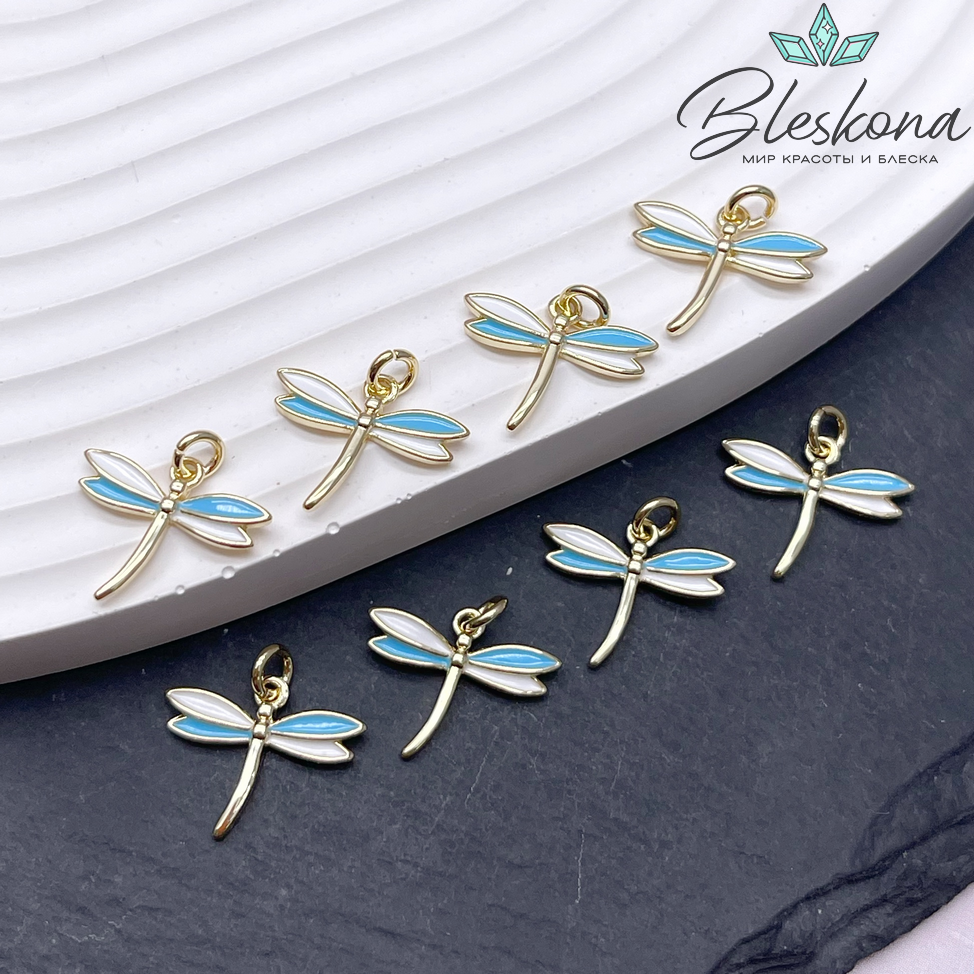 17*19 мм Цвет золото, Подвеска Стрекоза бело- голубая эмаль