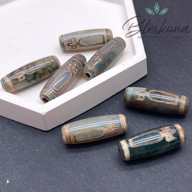 Бусина Дзи Кубера зелено-коричневый бочонок 30*11 мм