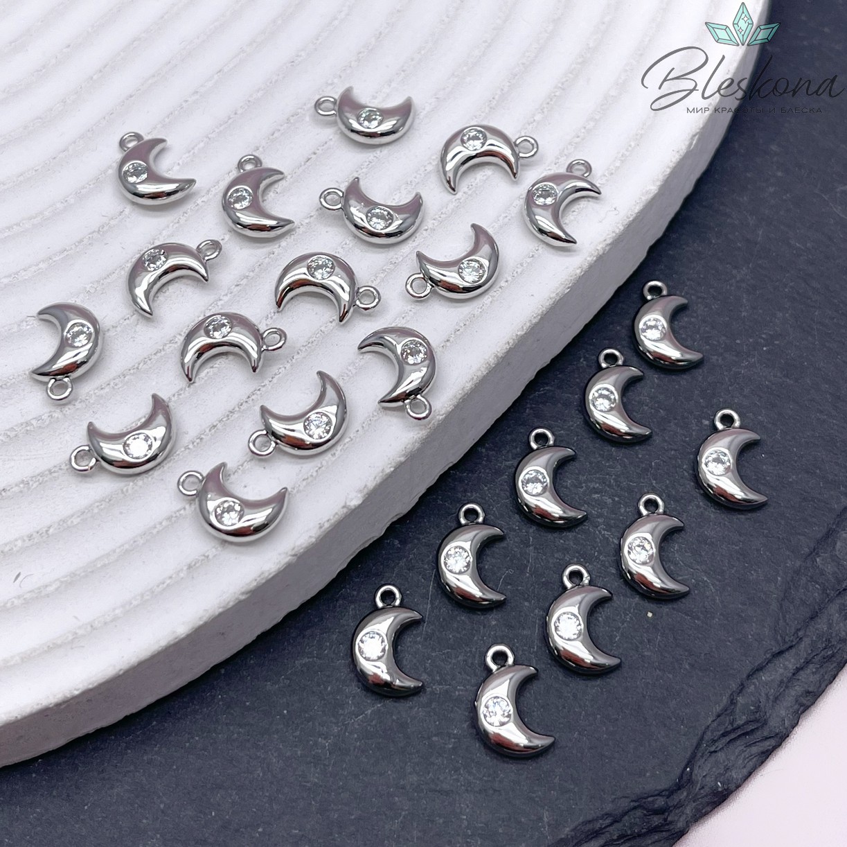 10*6,6 мм Цвет серебро, Подвеска полумесяц маленький с цирконом 