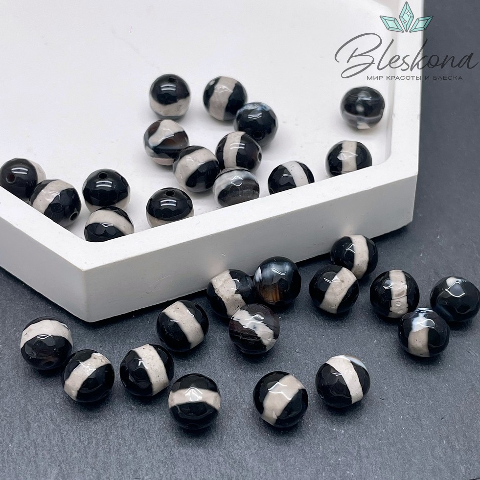 Бусина Дзи Медицина черно-белый шар огранка 8 мм уп.15 шт.