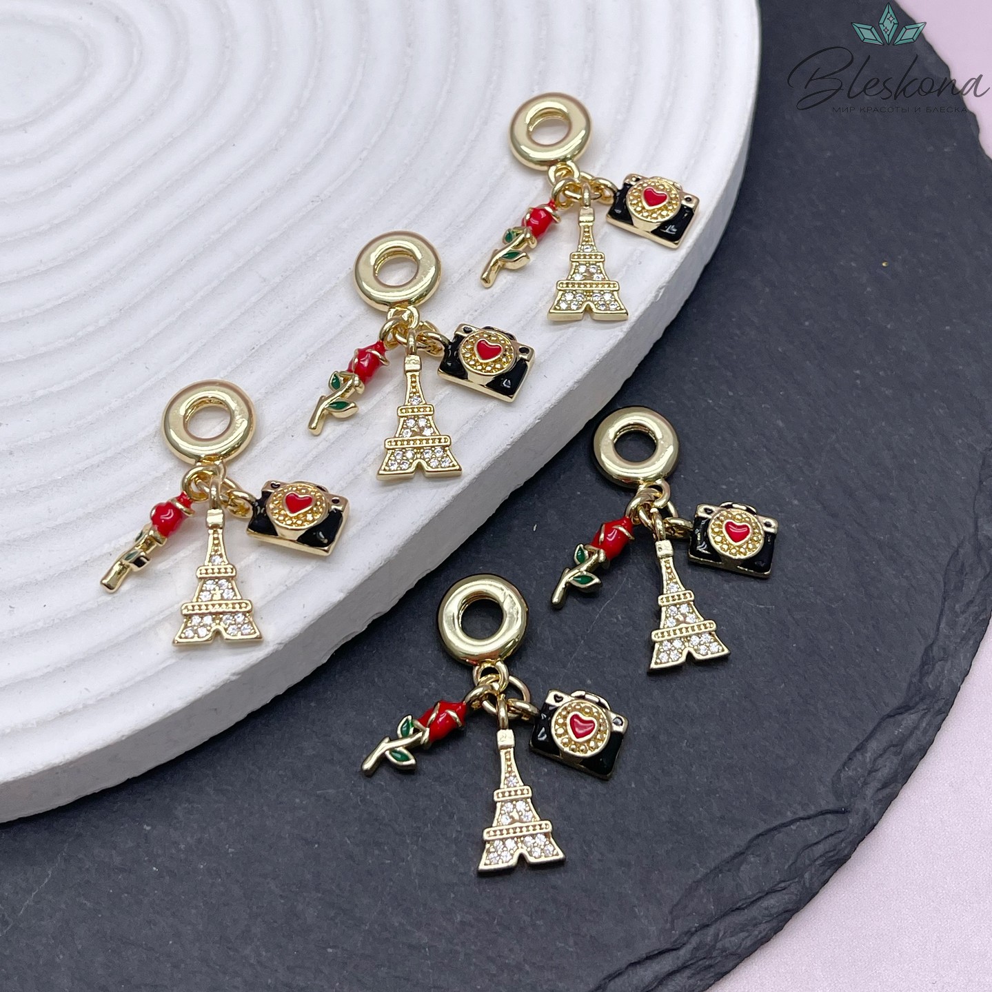 10 мм Цвет золото, Подвеска  Путешественника (роза, Эйфелева башня, фотоаппарат)