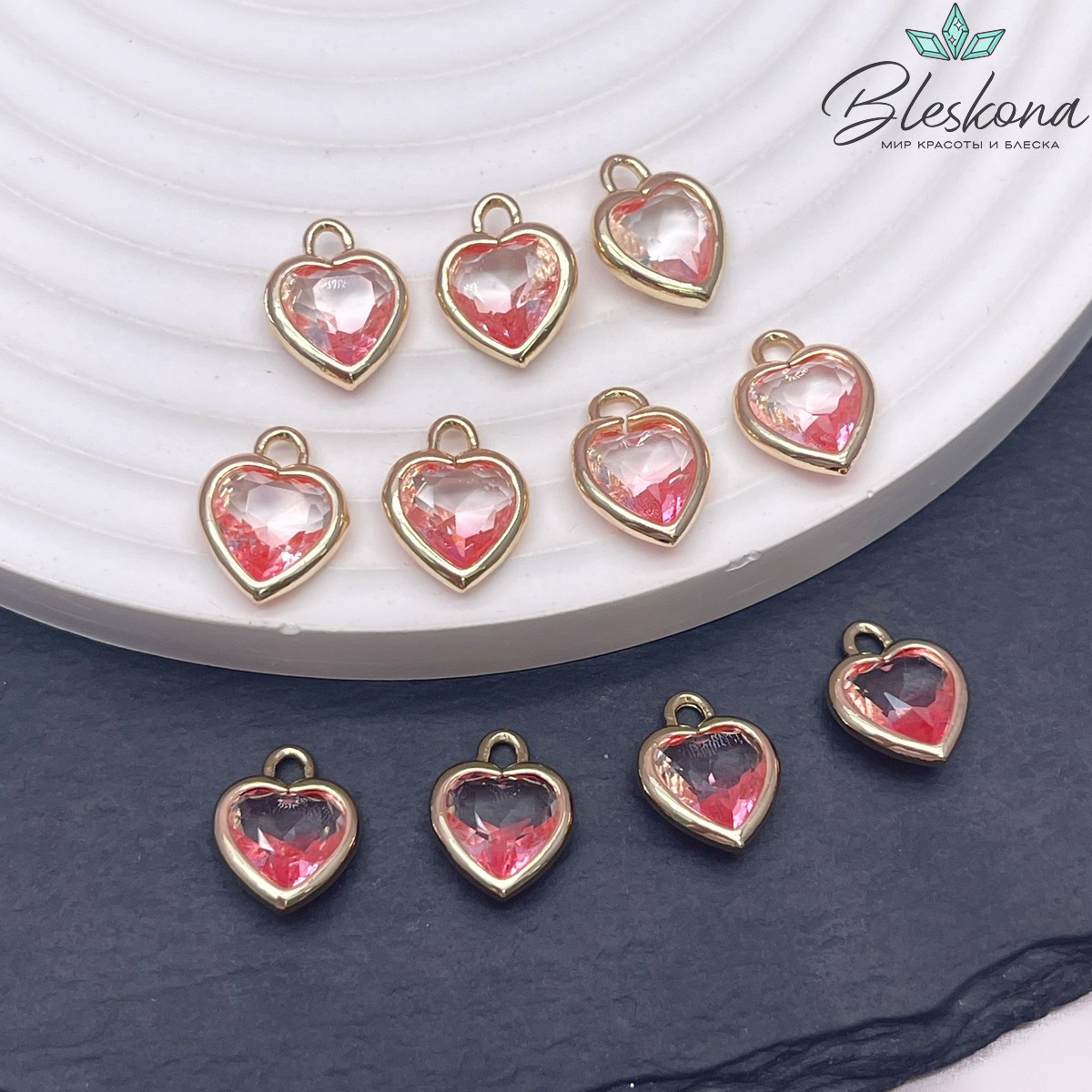 10 мм, Цвет золото, Подвеска сердце стекло прозрачно-розовое