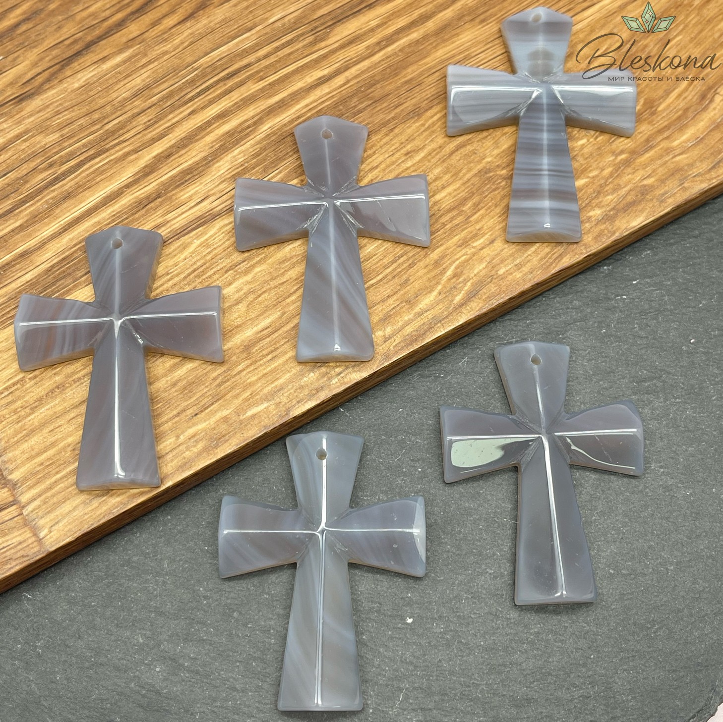 Подвеска крест Серый агат 46,5*35 мм