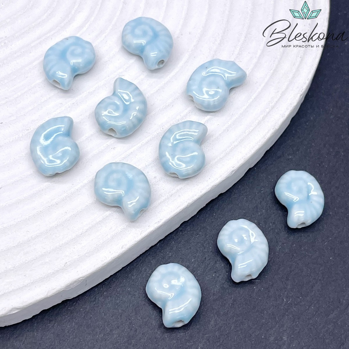 15*12 мм Бусина Аммонит, керамика цвет голубой