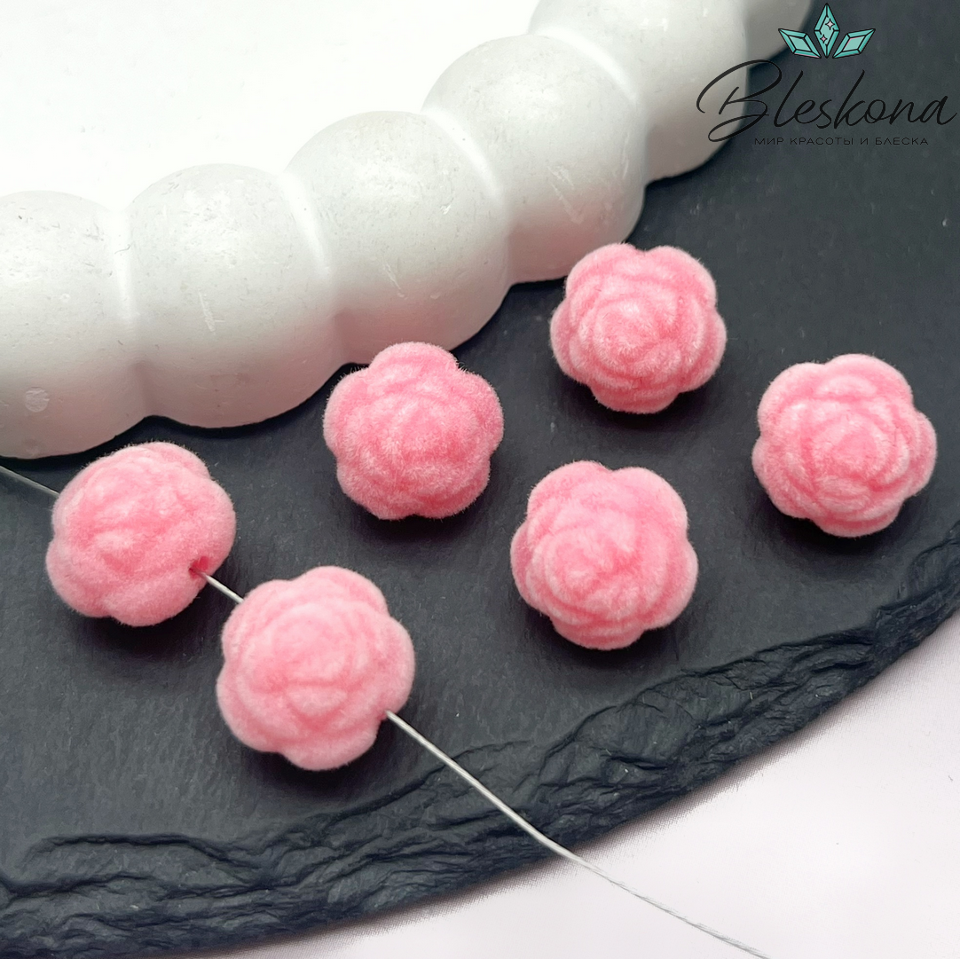 12мм Бархатная бусина Цветок - Роза, Цвет ярко-розовый