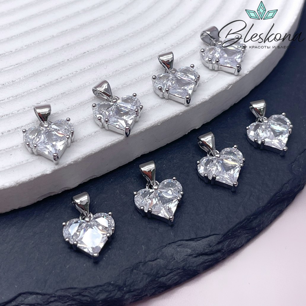 12,7*11,8 мм Цвет серебро, Подвеска Сердце цирконы 