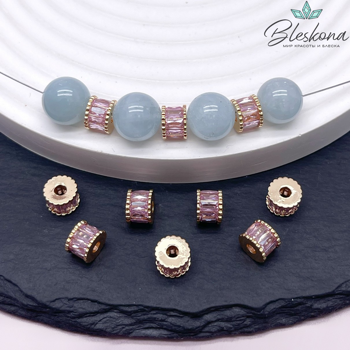 7*5 мм Цвет серебро, Бусина - разделитель розовый циркон