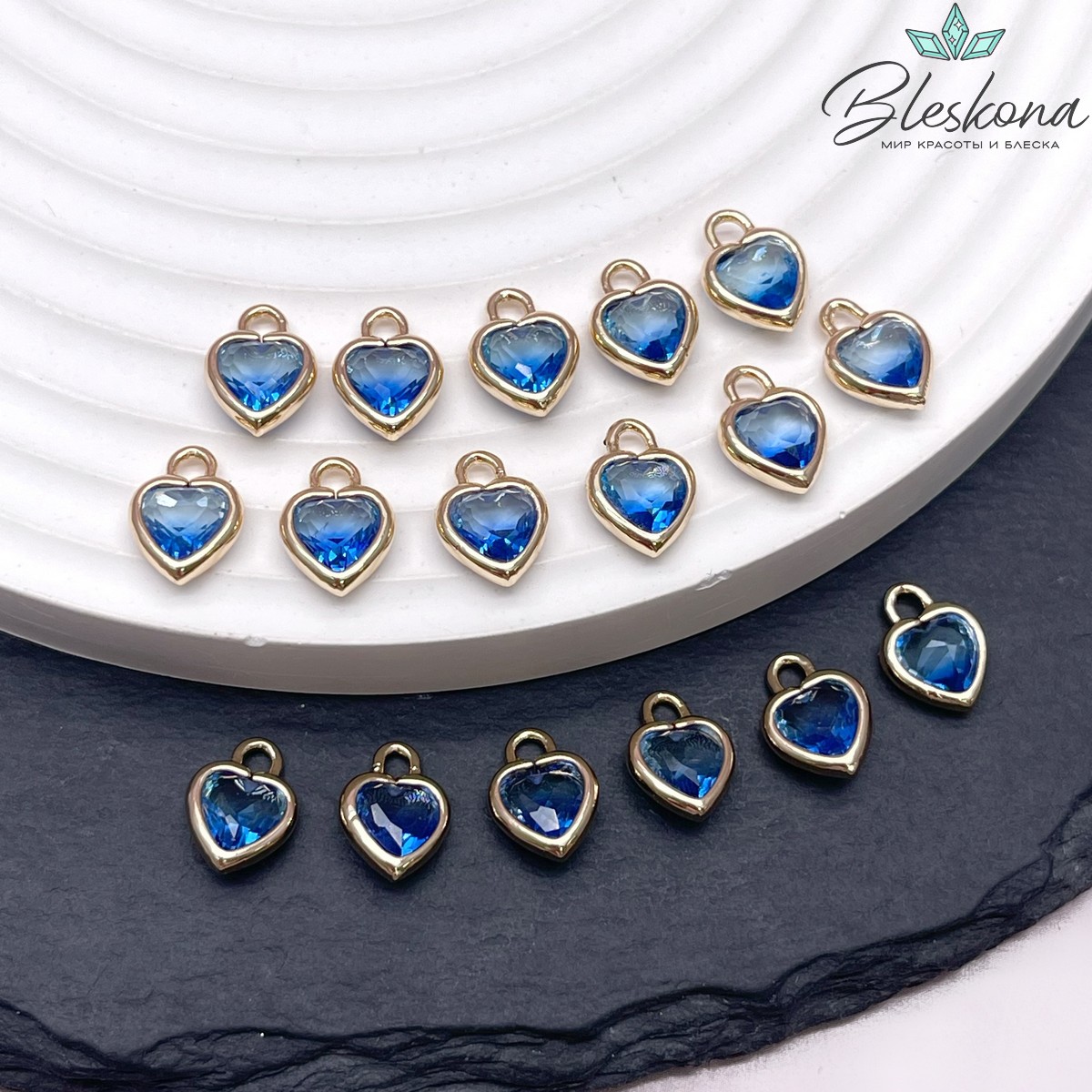 7,5 мм, Цвет золото, Подвеска сердце стекло синее