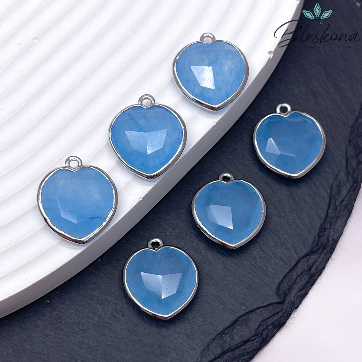 16,3*18,7мм,Цвет серебро,Подвеска Сердце Кварц тонированный голубой огранка