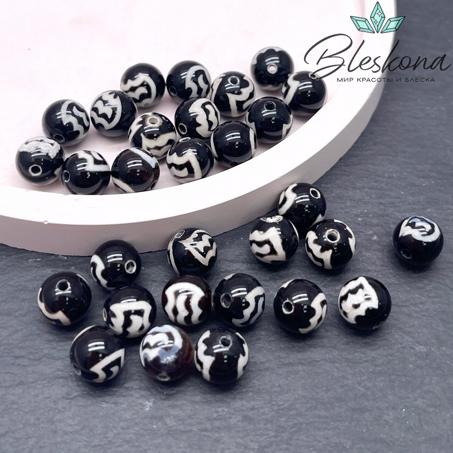 Бусина Дзи Птица Гаруда черно-белый шар 8 мм уп.15 шт.