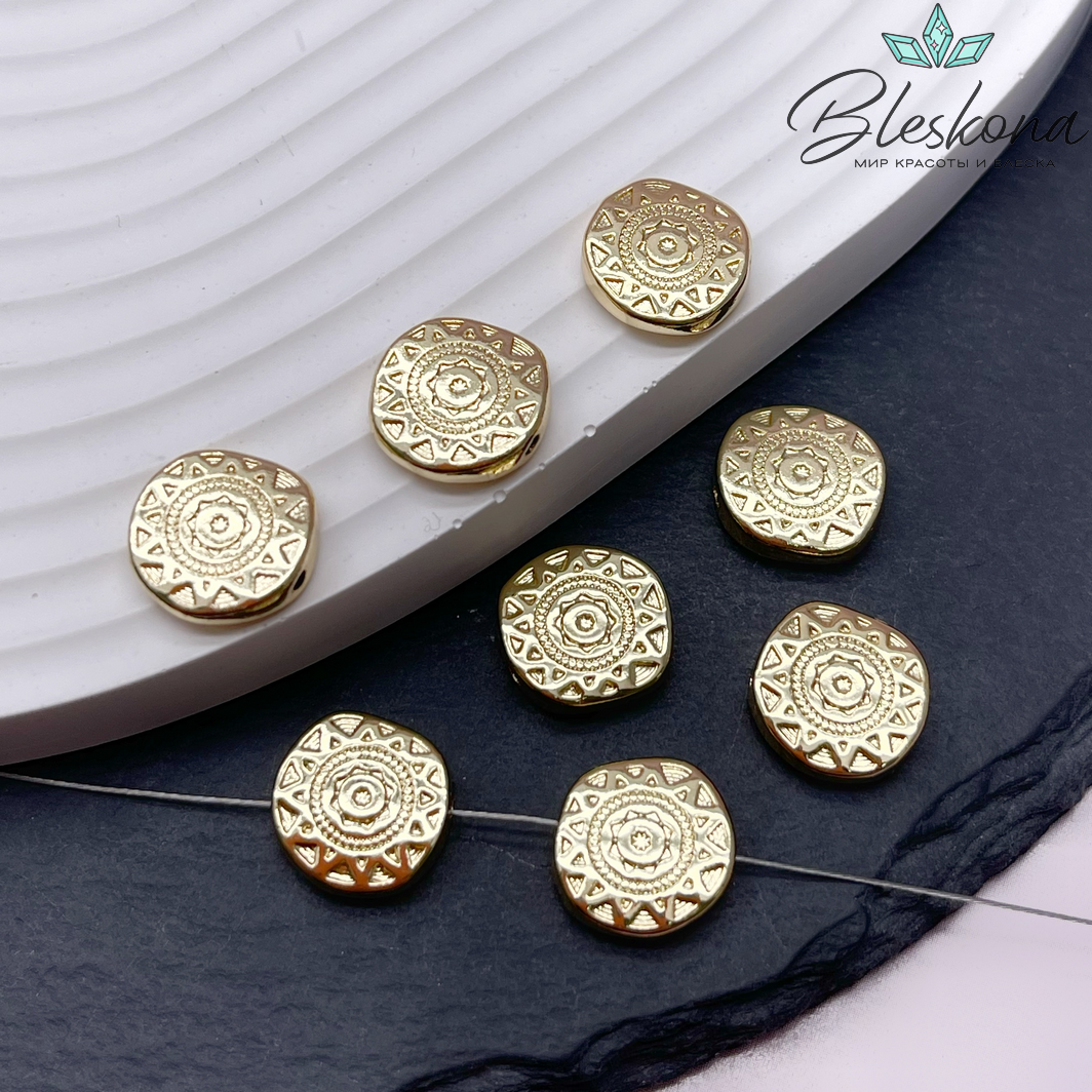 12 мм, Цвет золото, Бусина таблетка фриформ солнце