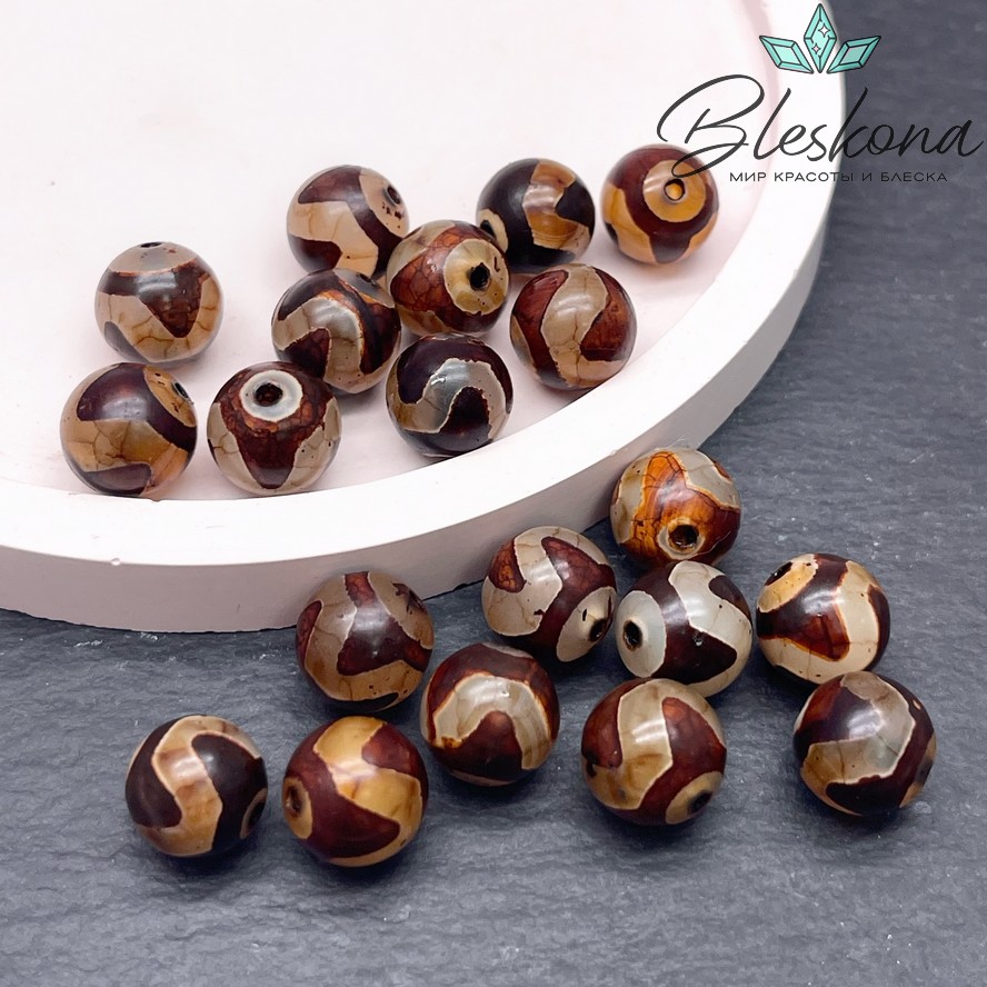 Бусина Дзи Тигриный клык серо-коричневый шар 10 мм уп.10 шт.