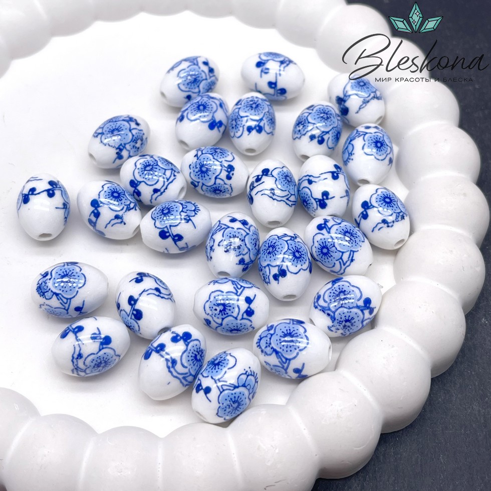 14*10 мм Керамика Бусина рис роспись гжель №3 (штучно)