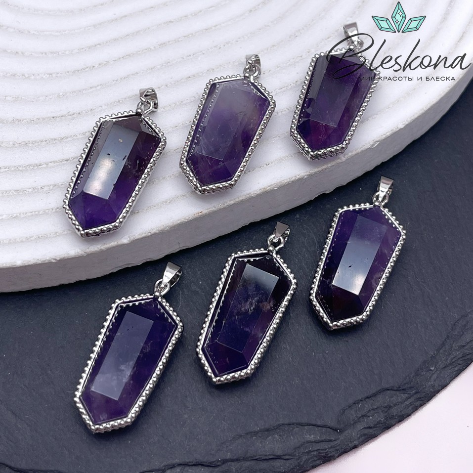 13,5*30мм, цвет серебро ,Подвеска Шестиугольник Аметист в обрамлении цирконы