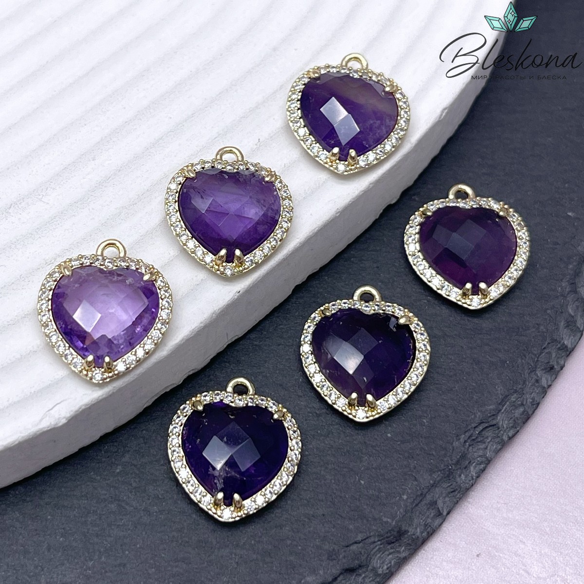 16*18мм ,цвет золото, Подвеска Сердце в обрамлении Аметист огранка цирконы