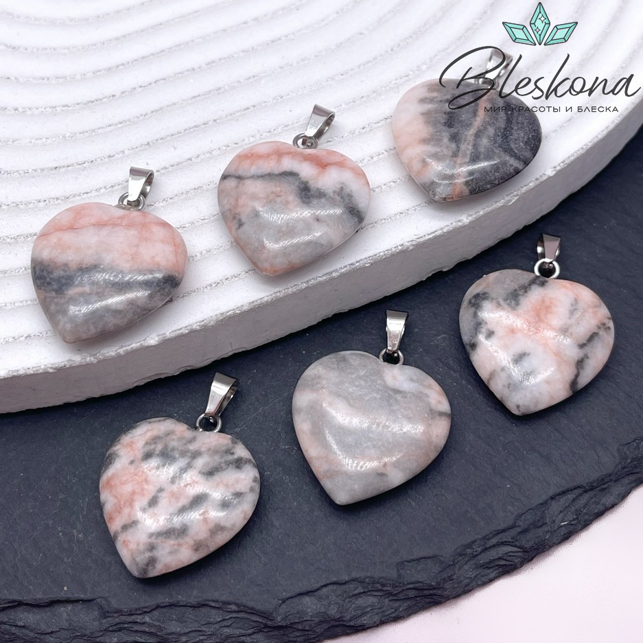 22*20 мм Цвет серебро, Подвеска Сердце Яшма розовая