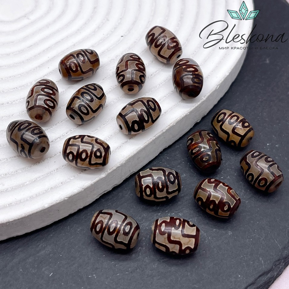 Бусина Дзи 9 глаз серо-коричневый бочонок 14*10 мм