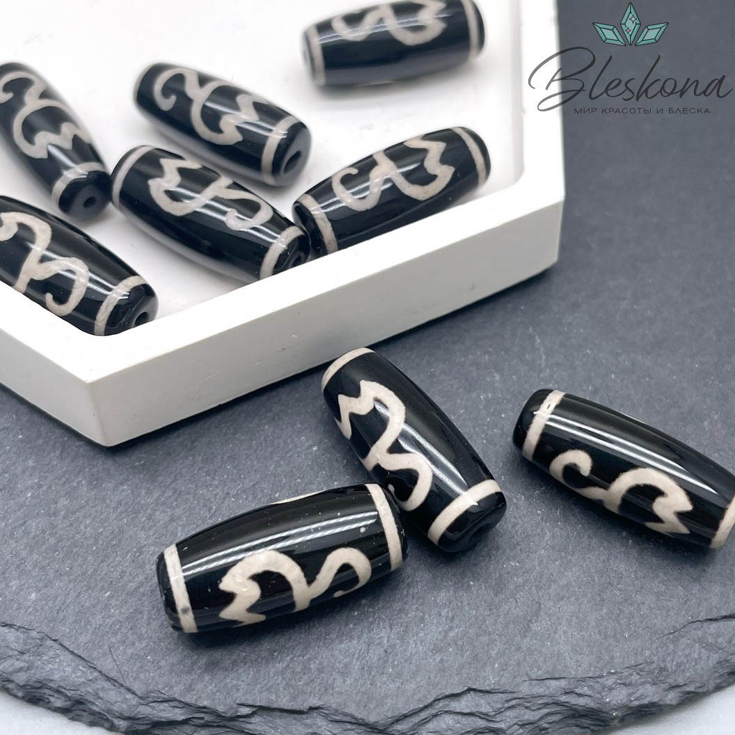 Бусина Дзи Лотос черно-белый бочонок 25*11 мм