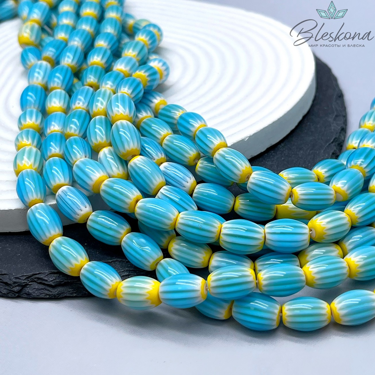 Муранское стекло бочата желто- голубые, полосы 14*10 мм