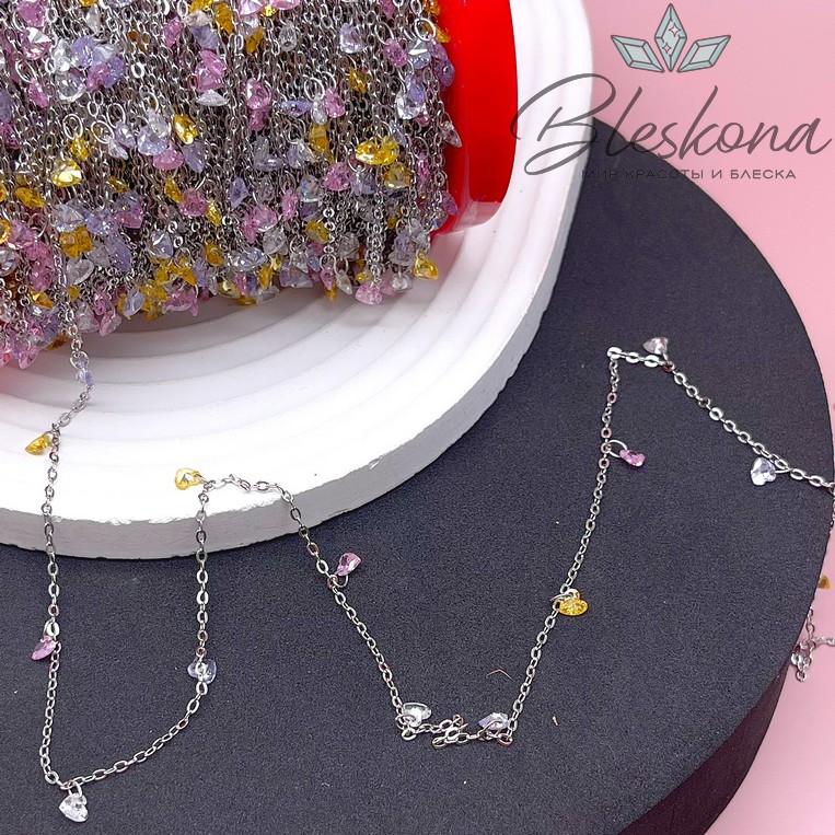 Цепь №208 цвет серебро, сердце цирконы микс 1,8*1,4 мм