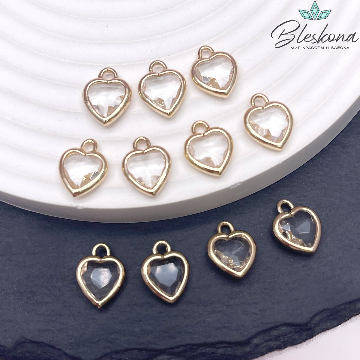 10 мм, Цвет золото, Подвеска сердце стекло прозрачное