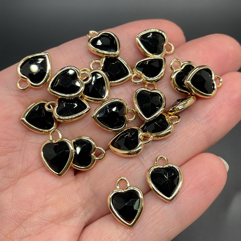 10 мм, Цвет золото, Подвеска сердце стекло черное