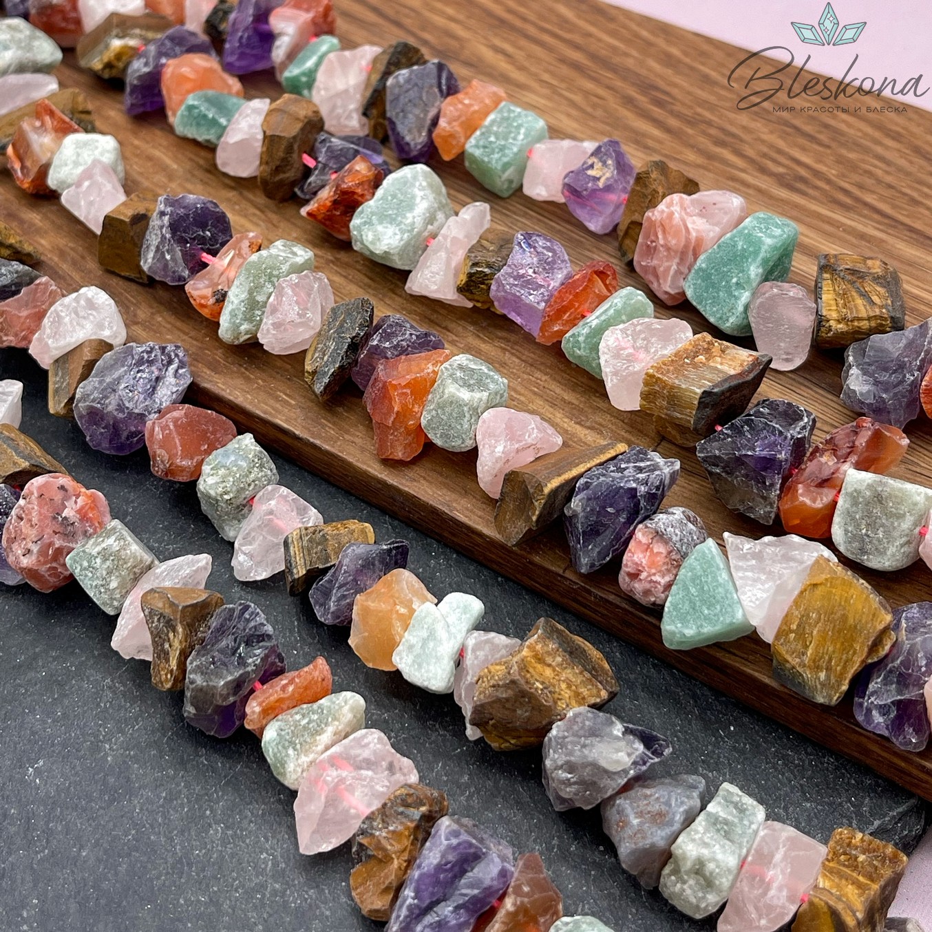 Микс куски розовый кварц, авантюрин, сердолик, аметист, тигровый глаз (6-10)*(12-20) мм