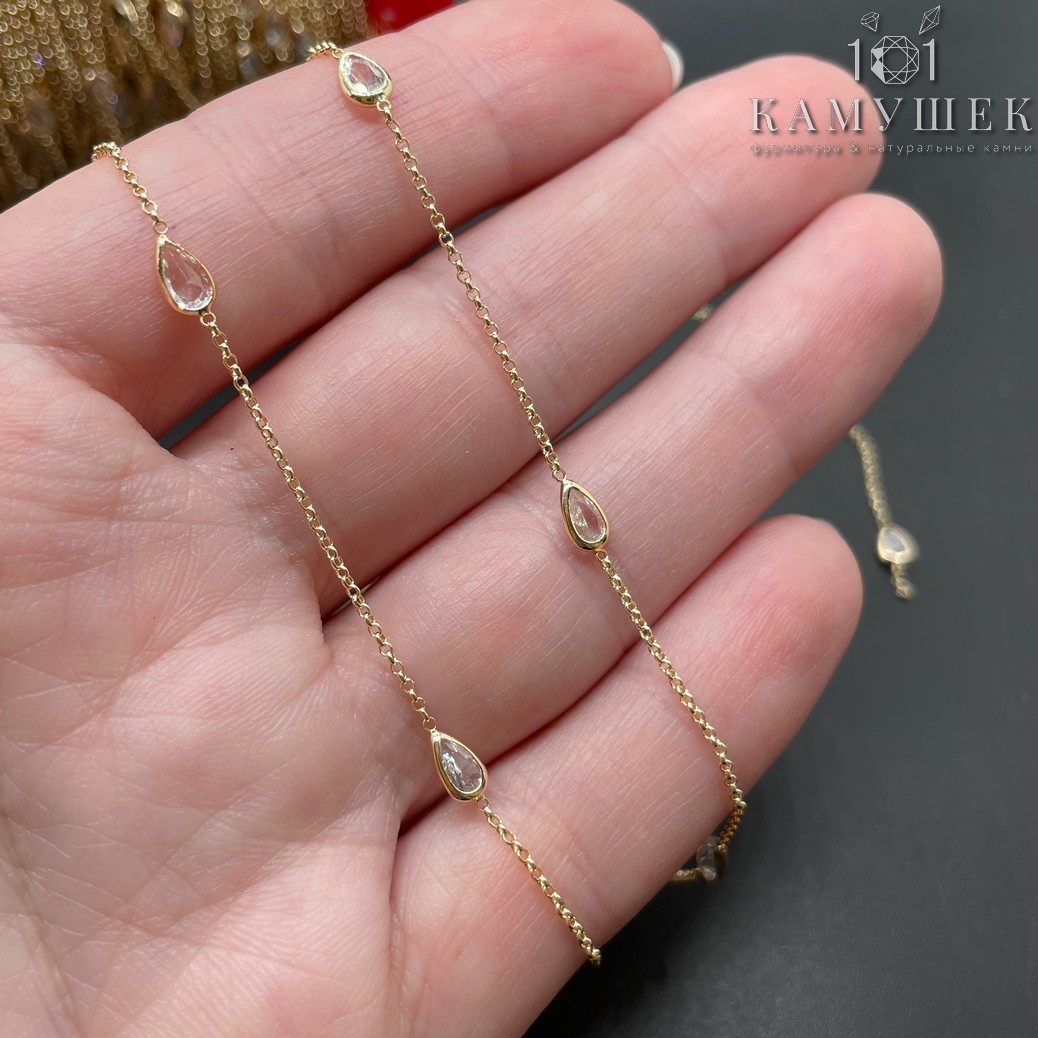 Цепь №204-1 цвет золото, капля циркон 8*3,5 мм