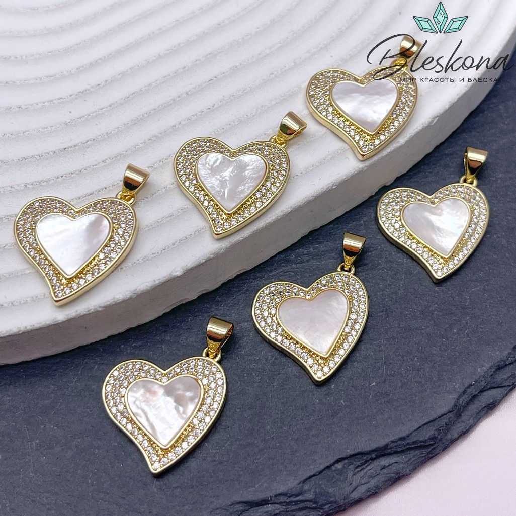 19*19 мм Цвет золото, Подвеска Сердце белый перламутр с цирконами