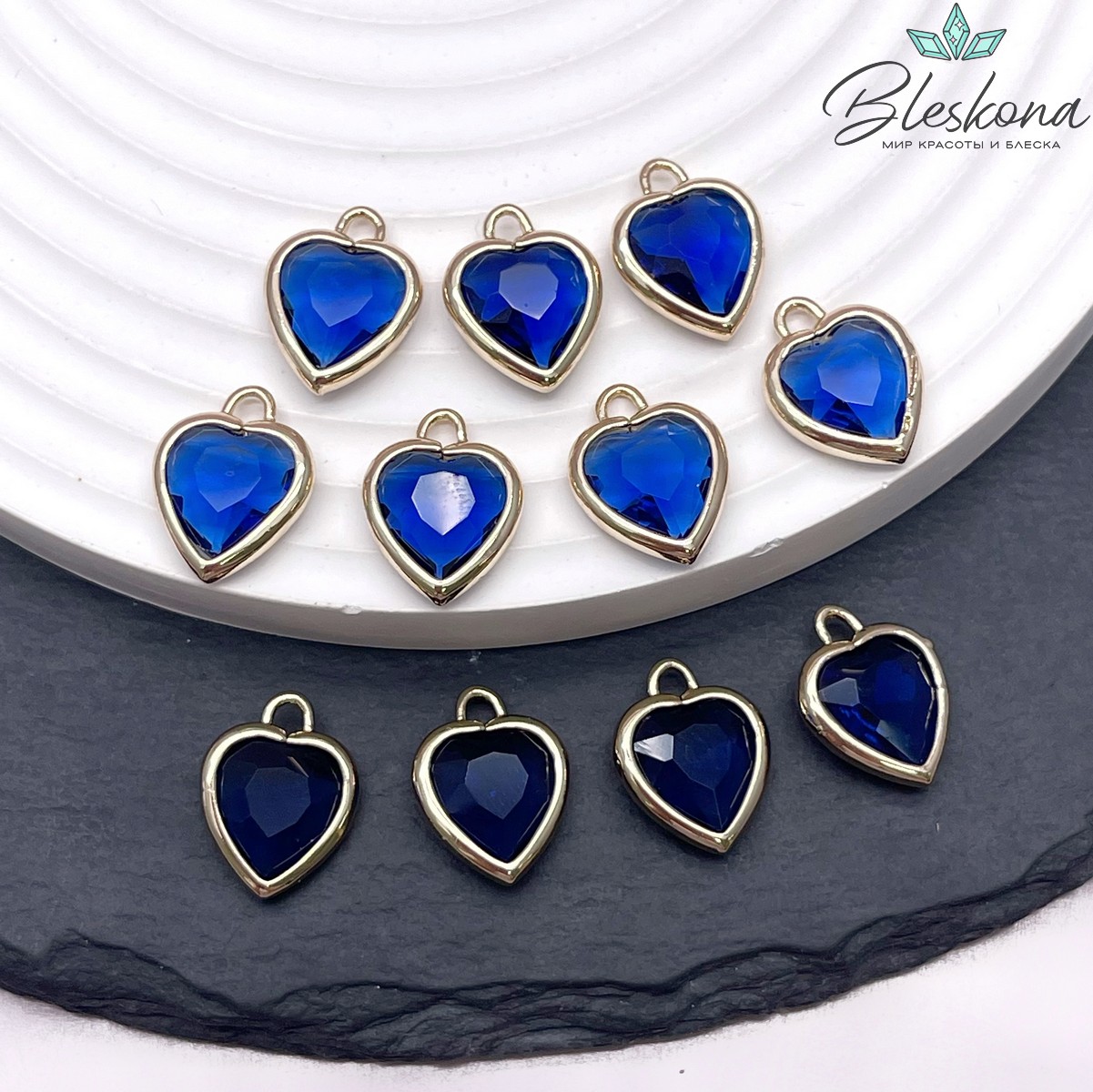 12 мм, Цвет золото, Подвеска сердце стекло синее