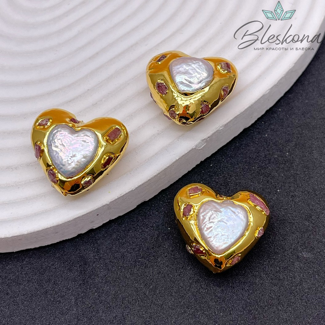 22*24 мм Цвет золото, Бусина  Жемчуг сердце инкрустированное рубеллитом