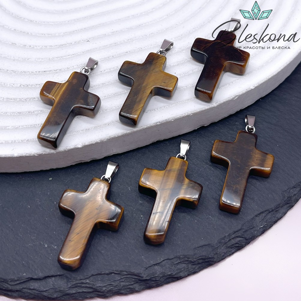 Подвеска крест Тигровый глаз, цвет серебро 29*18 мм